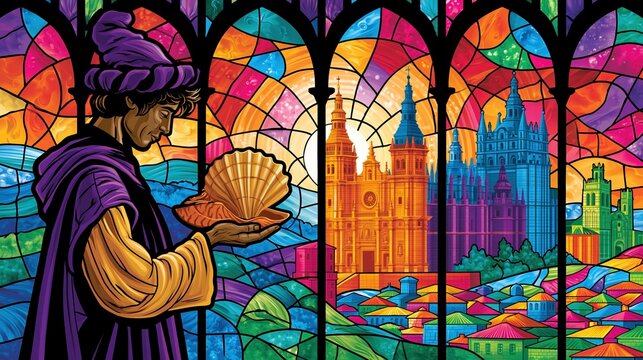 Stained glass illustration, ornate depiction of Santiago Cathedral and a pilgrim with scallop shell, vivid jewel-toned glass segments, black leading lines