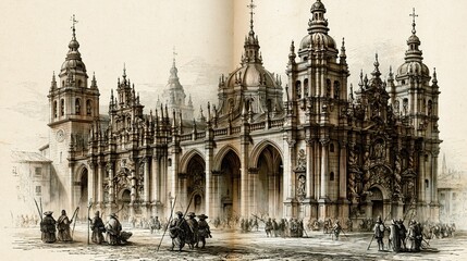 Fototapeta premium Vintage engraving illustration, detailed woodcut style depiction of Santiago de Compostela Cathedral with pilgrims and staffs, crosshatching texture, black and white with sepia tint