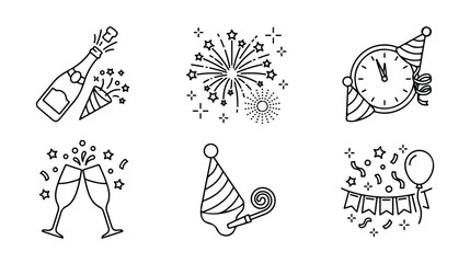 New Year party line icons set, celebration symbols with champagne and fireworks, festive holiday event vector elements for invitation design © Shahnaz akhtar