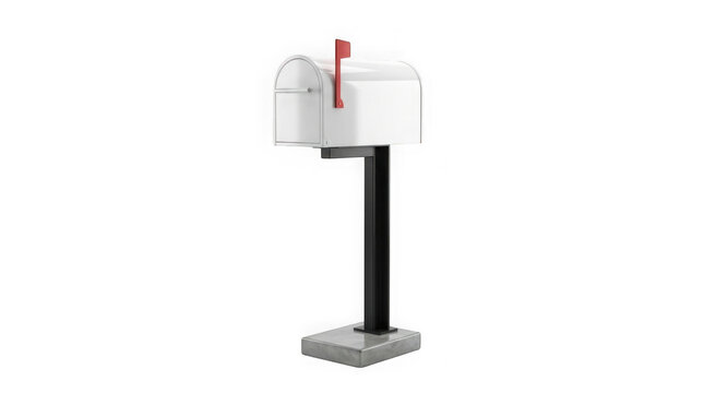 Classic White Mailbox With Red Flag Up On White Background