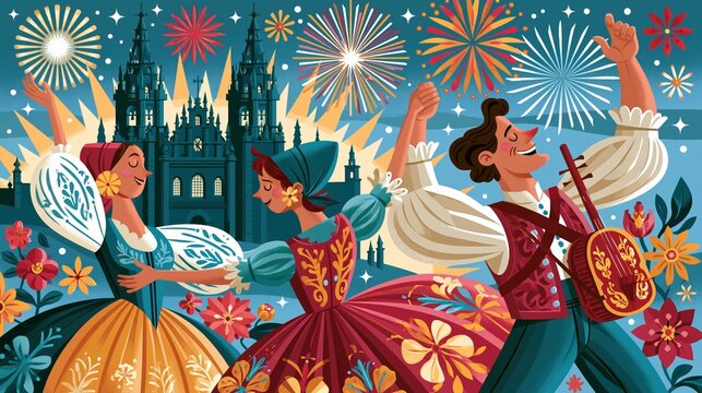 Vintage travel poster illustration, Fiesta de Santiago celebration, stylized Galician dancers and gaitero bagpiper in the foreground, cathedral silhouette and fireworks in background