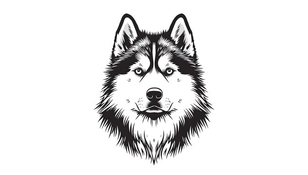 Black and white line art of an Alaskan Malamute dog on a white background
