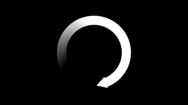 White gradient circular arrow spinning loop animation on black background.