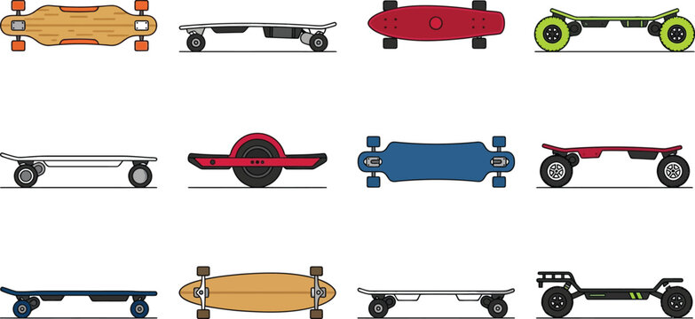Grid of diverse electric skateboard designs including longboards and off-road cruiser models