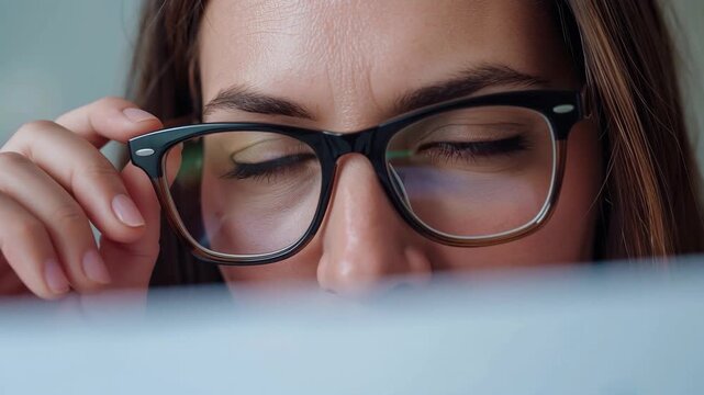 Adjusting glasses, woman reacting to screen glare reading printed report, checking screen at desk