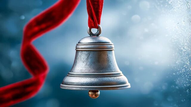Silver vintage bell on a red ribbon by a frosted window