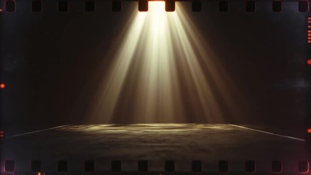 Forming offframe light shafts, spotlighting textured stage floor with edge lines, sprocket vignette