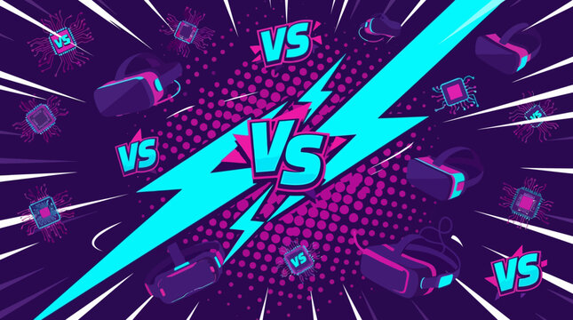 A graphic illustration depicts a vibrant competition scene with lightning and Vs symbols.