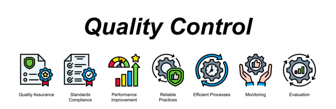 Quality Control banner web icon vector illustration concept with an icon of business with icon of Quality Assurance, Standards Compliance, Performance Improvement, Reliable Practices, Efficient.