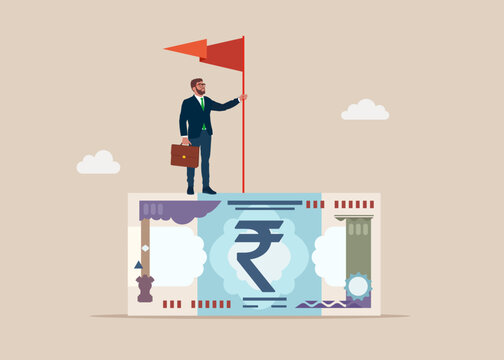 Government bond. Rupee banknotes. Concept of investment, wealth, spending, inflation and loss of savings.  Modern vector illustration in flat style