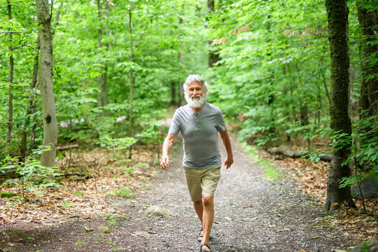 Senior man walk in the forest on a summer day