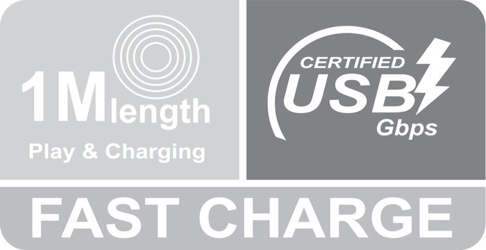 Grey and white fast charge usb certified symbol with 1m length play and charging text