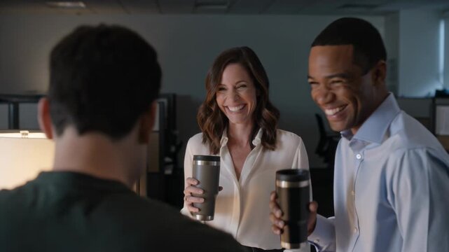 Raising woman white blouse, man light blue shirt offering travel mugs at office, sharing caffeine