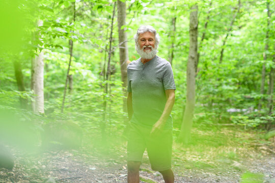 Senior man walk in the forest on a summer day