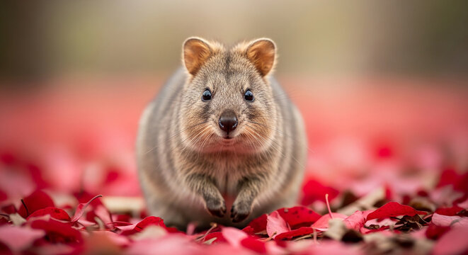 Close-up portrait of a quokka sitting on red leaves, its curious eyes looking forward, symbolizing nature's charm and gentle wildlife encounters