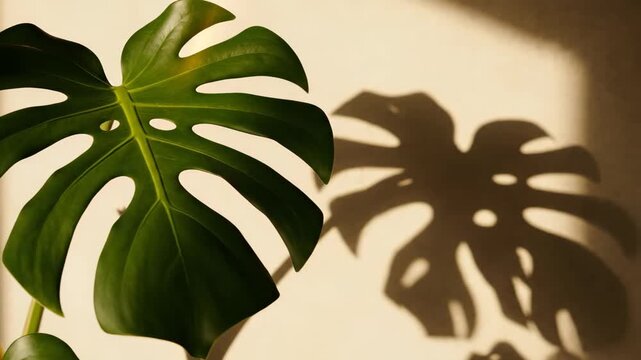 Monstera leaf casting shadow on a beige wall under natural sunlight. Houseplant foliage detail for interior design inspiration and minimalist home decoration