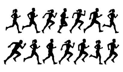 Obraz premium Dynamic Jogging Men and Women Silhouette Vector Pack with Multiple Running Action Poses