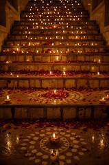 Fototapeta premium Stairs Decorated With Candles and Flower Petals Create a Festive Scene During a Celebration