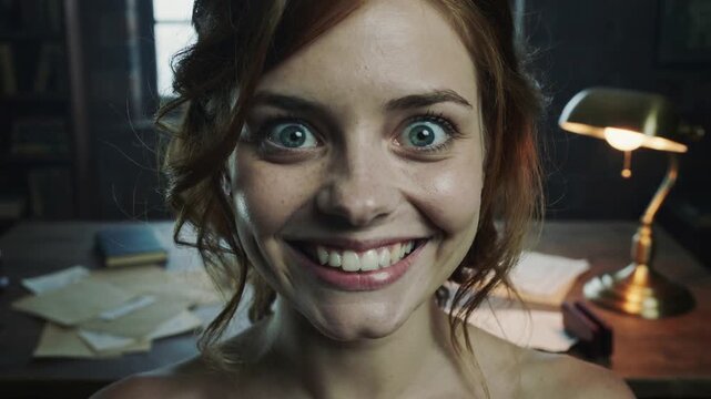 Smiling woman wearing strapless top reacting to camera start, leaning in study by desk, brass lamp