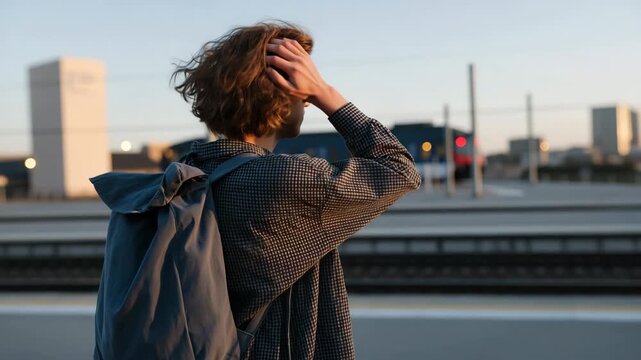 Young male with gray backpack standing as train speeds by platform