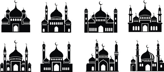 Set of eight mosque silhouette icons with domes, minarets, and crescent moons for cultural and religious designs © MstRubi