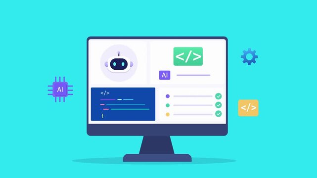 Animated flat vector dashboard featuring an AI assistant, code editor, programming interface, and development icons. Modern technology animation for software development and coding workflow.