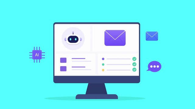 Animated flat vector dashboard featuring an AI assistant, email interface, messaging icons, and digital communication tools. Modern technology animation for inbox management and workflow.
