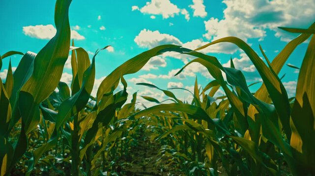 Lush green cornfield under blue sky with puffy clouds on a sunny summer day, 4K
