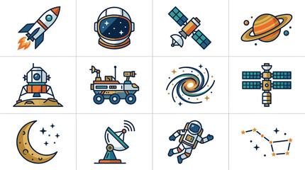 Set of colorful flat vector icons representing space exploration and astronomy elements. © Kapal