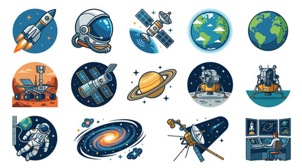Set of colorful space exploration icons featuring rockets, planets, astronauts, and satellites for science design. © Kapal