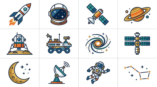Set of colorful flat vector icons representing space exploration and astronomy elements.