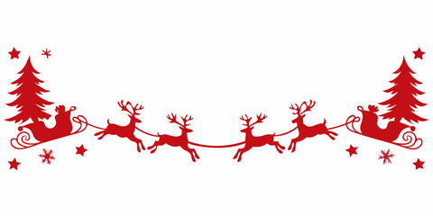 Red reindeer silhouette with pine trees and stars on white background © Indira