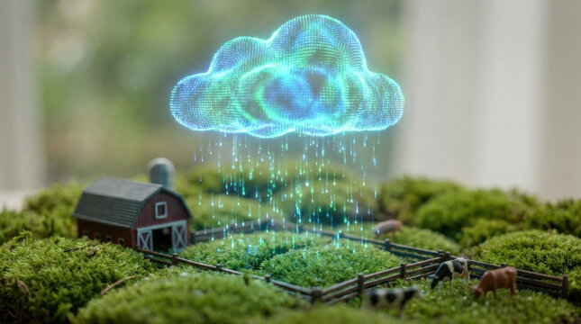Holographic rain cloud over farm with barn and grazing animals in green field, futuristic weather concept with digital rain effect