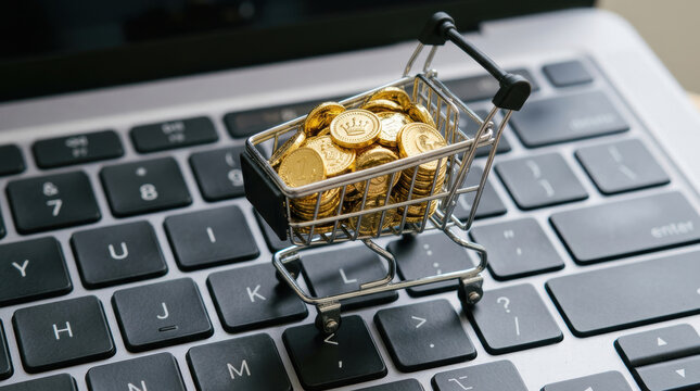 Miniature shopping cart filled with gold coins on laptop keyboard symbolizing online shopping and digital currency concept