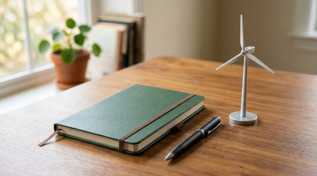 Notebook pen wind turbine model on wooden desk with plant and books in background, creating calm and focused workspace atmosphere