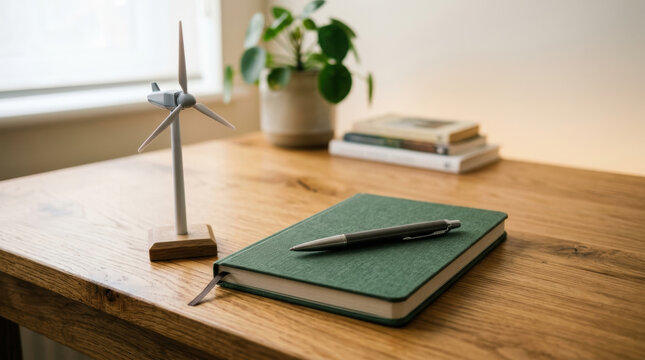 Green notebook with pen on wooden desk near model wind turbine and plant in pot with books in background