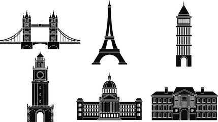 Set of six famous world landmark silhouette icons including bridges, towers, domes, and historic buildings © MstRubi