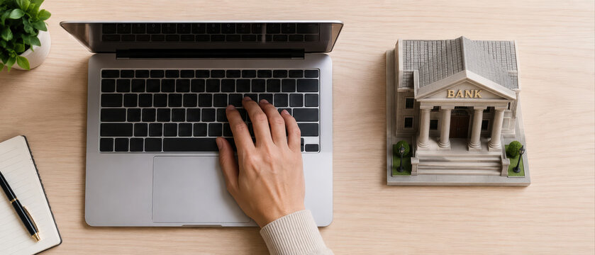 Hand laptop bank model notebook pen desk workspace business finance technology office financial concept working keyboard human person table modern