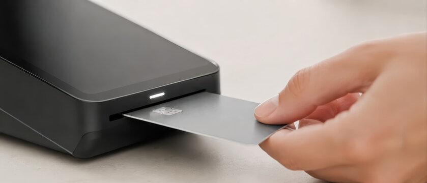 Credit card payment terminal hand chip card transaction electronic payment close up technology finance retail business commerce plastic card