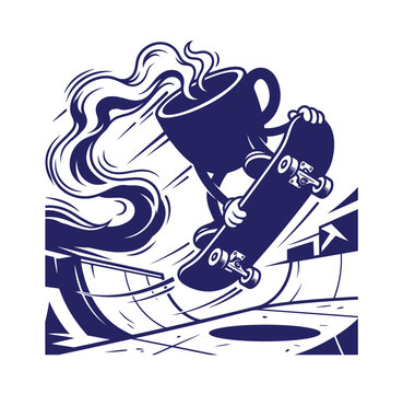 Dynamic coffee cup character skating on a skateboard in a halfpipe with skateboard skatepark halfpipe energetic character caffeine beverage lifestyle recreation creative