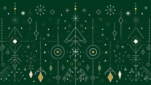 Geometric christmas ornament pattern on dark green background