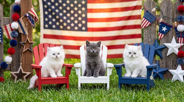 Three cute kittens sitting on red white and blue miniature adirondack chairs in front of an american flag for a fourth of july celebration