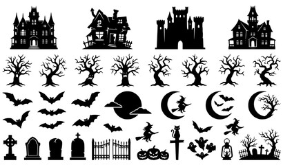 Obraz premium Spooky Halloween Haunted House and Cemetery Solid Silhouette Vector Icon Set Featuring Castles Spooky Trees Bats Witches and Tombstones for Holiday Designs
