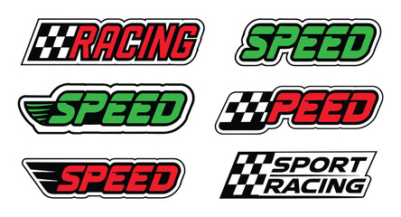 Speed and Racing Graphics. A collection of bold, stylized graphics featuring the words Racing and Speed, incorporating checkered flag patterns and wing motifs. © SHUVO