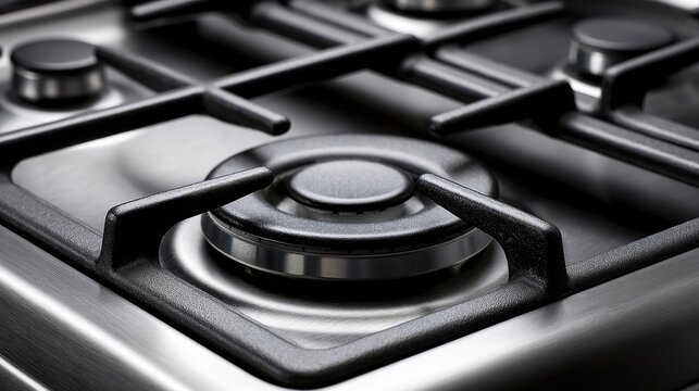 Close up of a modern stainless steel gas stove top