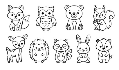 Cute Cartoon Woodland Animals Line Vector Icon Set Featuring Baby Fox Owl Bear Squirrel Deer Hedgehog Raccoon and Rabbit for Coloring Pages © Hosneara