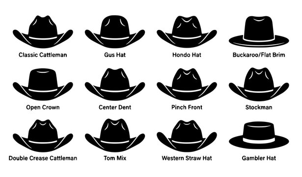 Western Cowboy Hat Types Solid Silhouette Vector Icon Set Featuring Cattleman Gus Buckaroo Open Crown and Gambler Headwear Styles for Graphic Designs