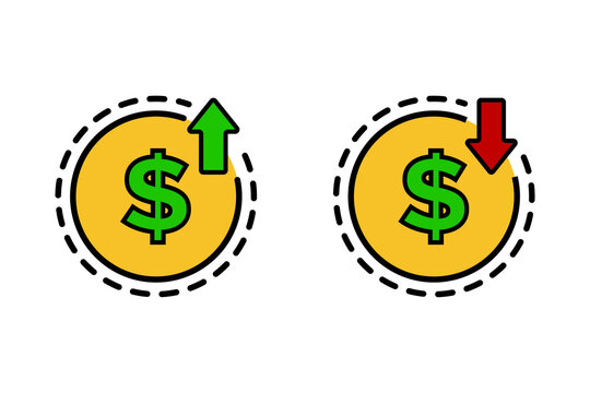 Dollar Currency Fluctuation. Dollar Coin Icon with Green Up and Red Down Arrows. Illustration for Market Analysis Finance Trading and Investment Concept