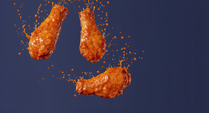 Dynamic levitation shot of three buffalo chicken wings with a splash of spicy red hot sauce isolated on a solid dark blue background