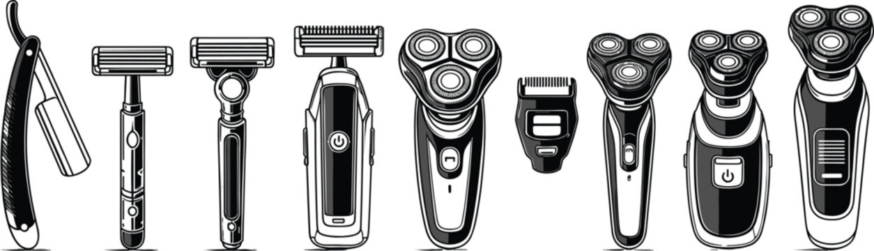 Shaving tools vector set with straight razor safety razor trimmer electric shaver grooming and beard care equipment